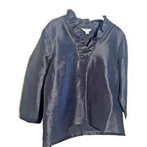 Crown‎ & Ivy Pullover Top Black Ruffle V-Neck 3/4 Sleeves Sz  M  Versatile Shiny